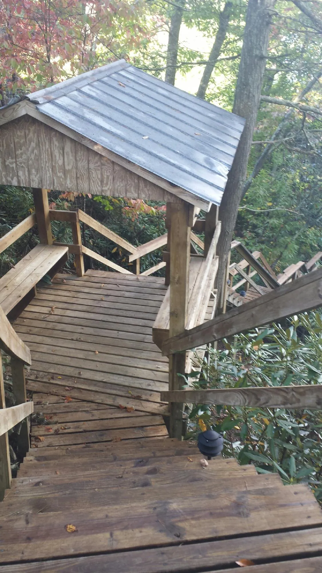Metal roofed shelter over wooden steps on a wooded walkway — Skylight Repair & Installation work by our crew in Falconer